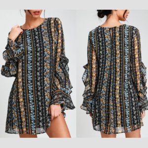 Lulus Women's My Moment Black Floral Print Long Sleeve Shift Dress Size Large